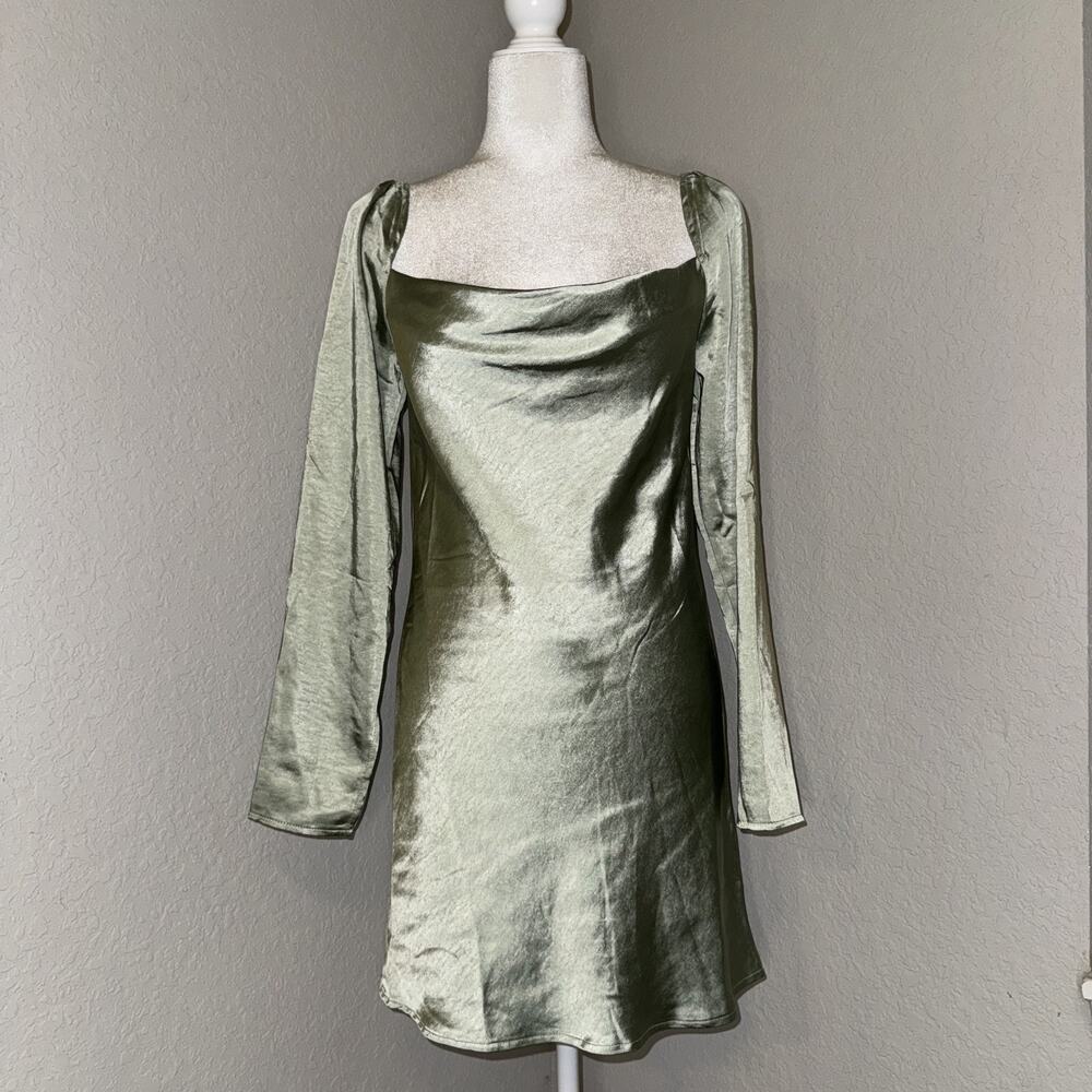 Princess Polly Maia Long Sleeve Mini Dress Women's 6‎ Sage Green Cowl Neck